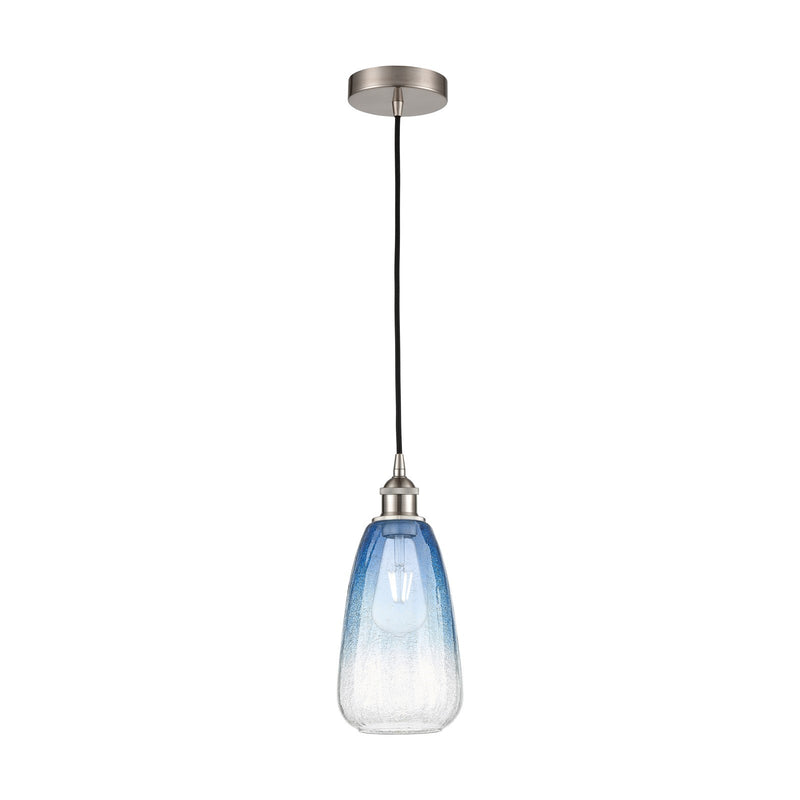 Innovations Brookhaven Almond 6in 1-Light Mini Pendant | Industrial Brushed Satin Nickel and Sapphire Blue Glass | Kitchen | Model 616-1P-SN-G480-6SB