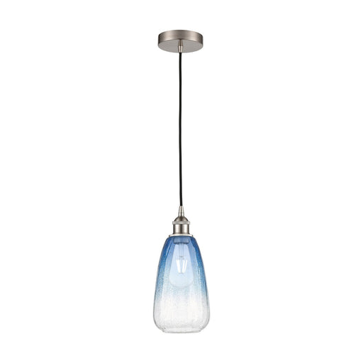 Innovations Brookhaven Almond 6in 1-Light Mini Pendant | Industrial Brushed Satin Nickel and Sapphire Blue Glass | Kitchen | Model 616-1P-SN-G480-6SB