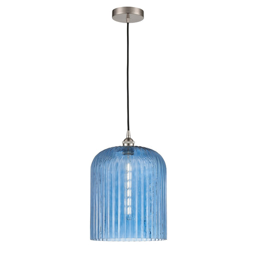 Innovations Bridal Veil 5in 1-Light Mini Pendant | Art Nouveau Brushed Satin Nickel and Princess Blue Ribbed Glass | Kitchen | Model 616-1P-SN-G559-12BL