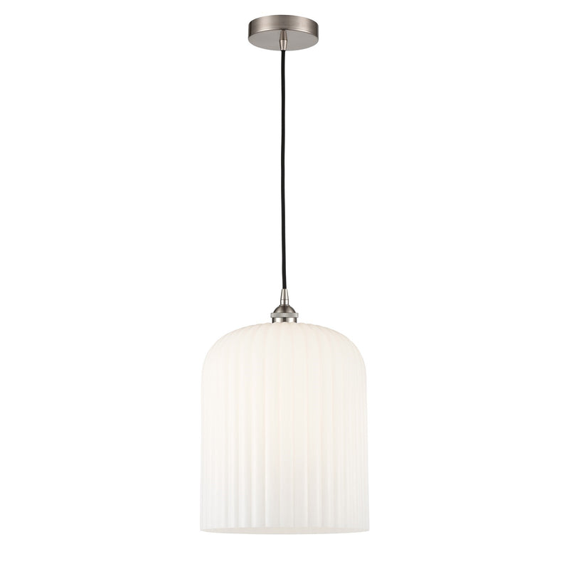 Innovations Bridal Veil 5in 1-Light Mini Pendant | Industrial Brushed Satin Nickel and Gloss White Ribbed Glass | Kitchen | Model 616-1P-SN-G559-12GWH