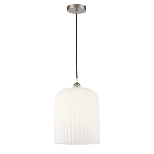 Innovations Bridal Veil 5in 1-Light Mini Pendant | Industrial Brushed Satin Nickel and Gloss White Ribbed Glass | Kitchen | Model 616-1P-SN-G559-12GWH