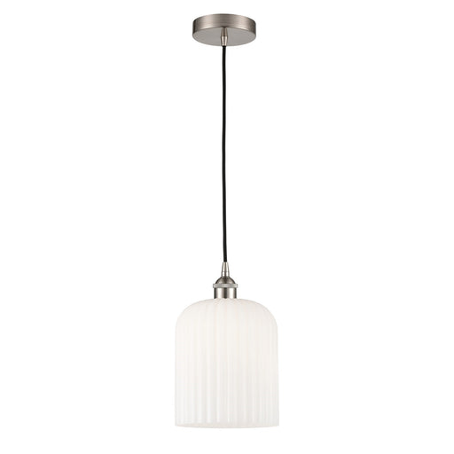 Innovations Bridal Veil 5in 1-Light Mini Pendant | Industrial Brushed Satin Nickel and Gloss White Ribbed Glass | Kitchen | Model 616-1P-SN-G559-8GWH
