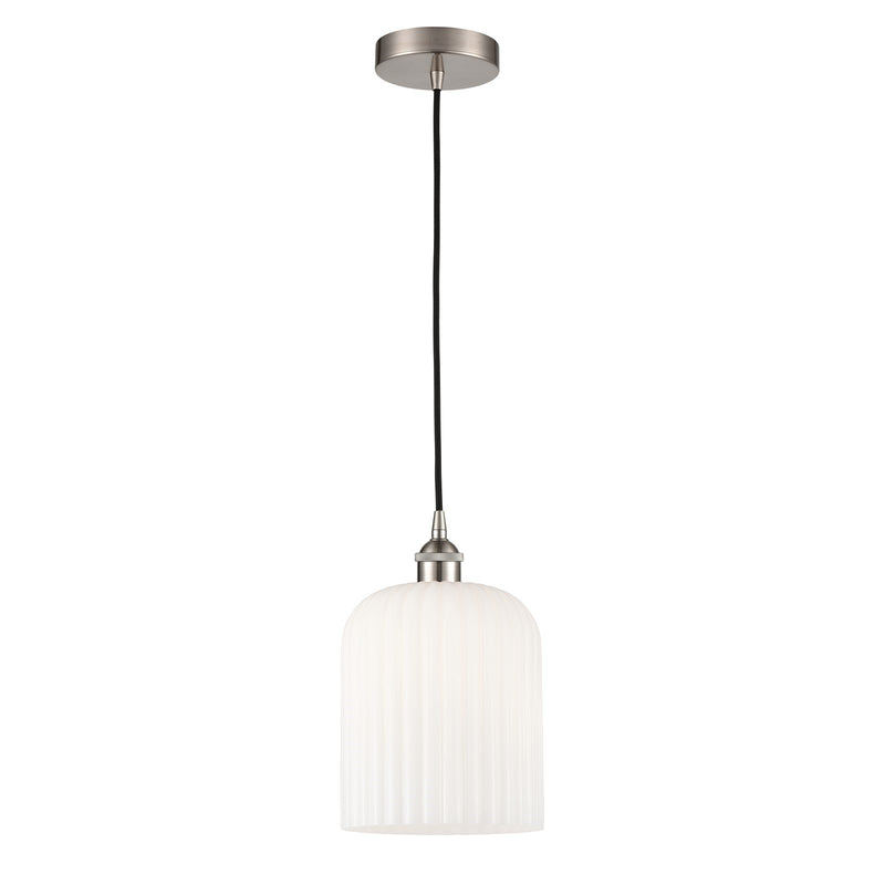 Innovations Bridal Veil 5in 1-Light Mini Pendant | Industrial Brushed Satin Nickel and Gloss White Ribbed Glass | Kitchen | Model 616-1P-SN-G559-8GWH