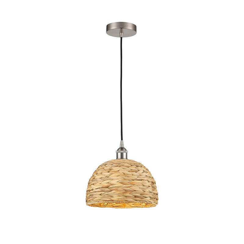 Innovations Woven Rattan 12in 1-Light Mini Pendant | Industrial Brushed Satin Nickel and Natural Fiber Dome Shade | Kitchen | Model 616-1P-SN-RBD-12-NAT