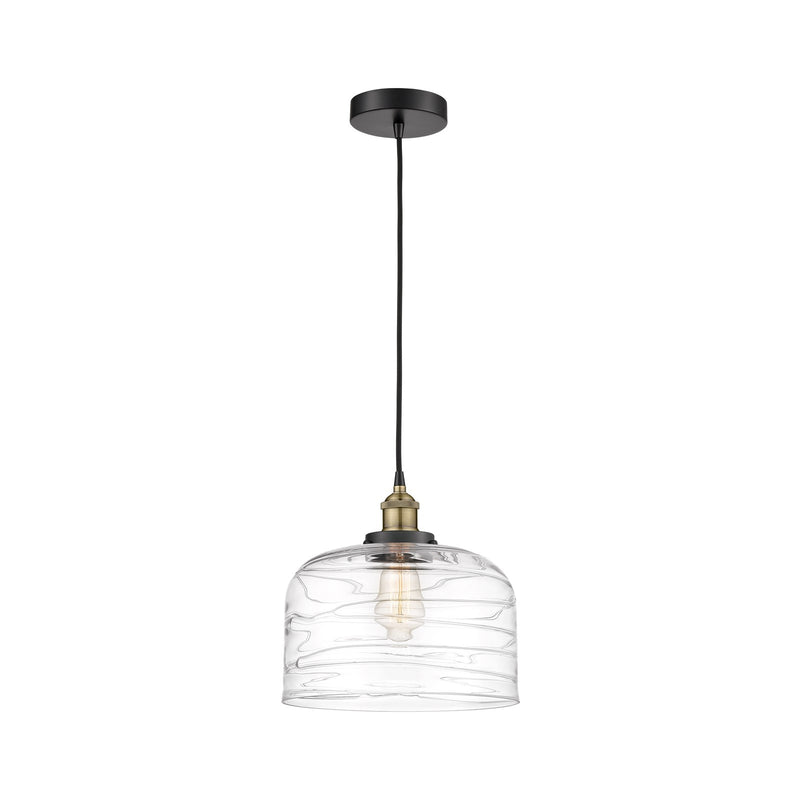 Innovations Bell 12in 1-Light Mini Pendant | Industrial Black Antique Brass and Clear Deco Swirl Glass | Kitchen Island & | Model 616-1PH-BAB-G713-L