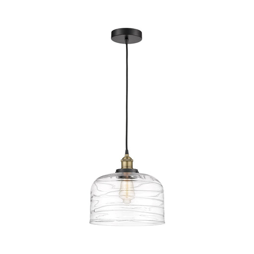 Innovations Bell 12in 1-Light Mini Pendant | Industrial Black Antique Brass and Clear Deco Swirl Glass | Kitchen Island & | Model 616-1PH-BAB-G713-L