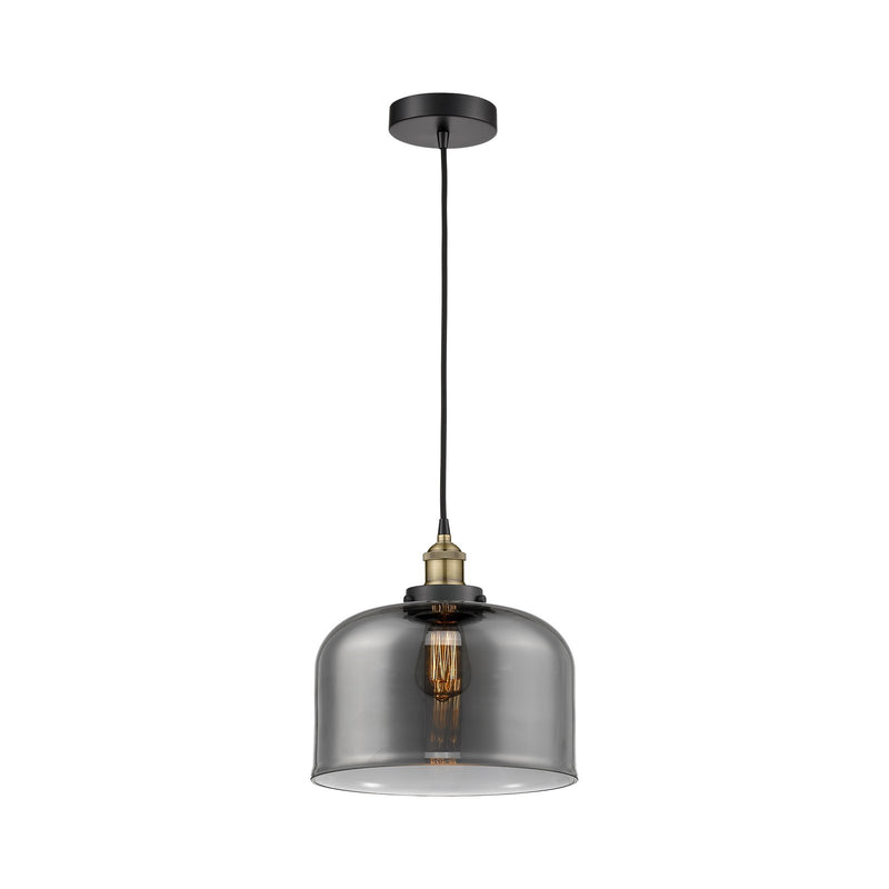 Innovations Bell 11.5in 1-Light Mini Pendant | Industrial Black Antique Brass Steel and Light Smoke Glass | Kitchen Island & | Model 616-1PH-BAB-G73-L
