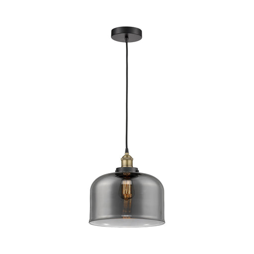Innovations Bell 11.5in 1-Light Mini Pendant | Industrial Black Antique Brass Steel and Light Smoke Glass | Kitchen Island & | Model 616-1PH-BAB-G73-L
