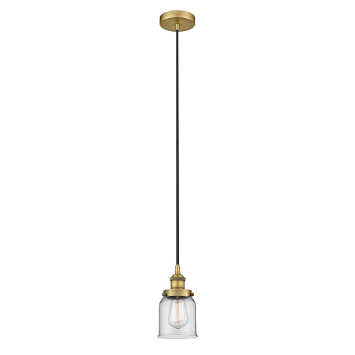 Innovations Bell 5in 1-Light Mini Pendant | Industrial Brushed Brass Steel and Clear Glass | Kitchen Island & Dining Room | Model 616-1PH-BB-G52-LED