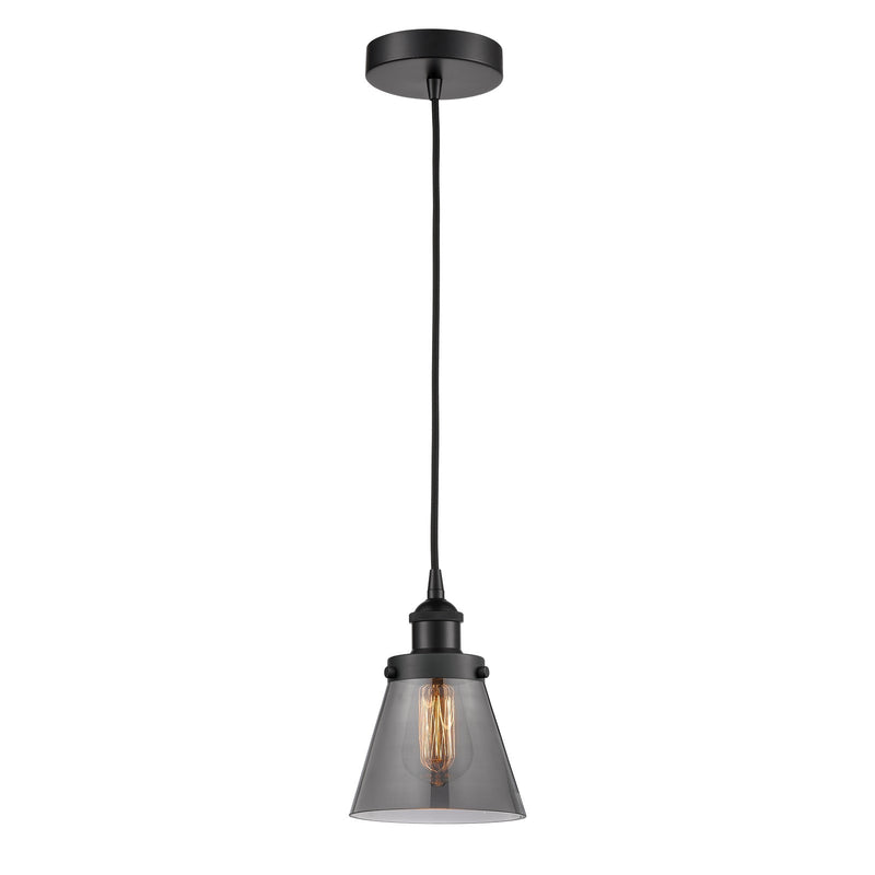 Innovations Cone 6.25in 1-Light Mini Pendant | Industrial Matte Black Steel and Light Smoke Glass | Kitchen Island & Dining | Model 616-1PH-BK-G63-LED