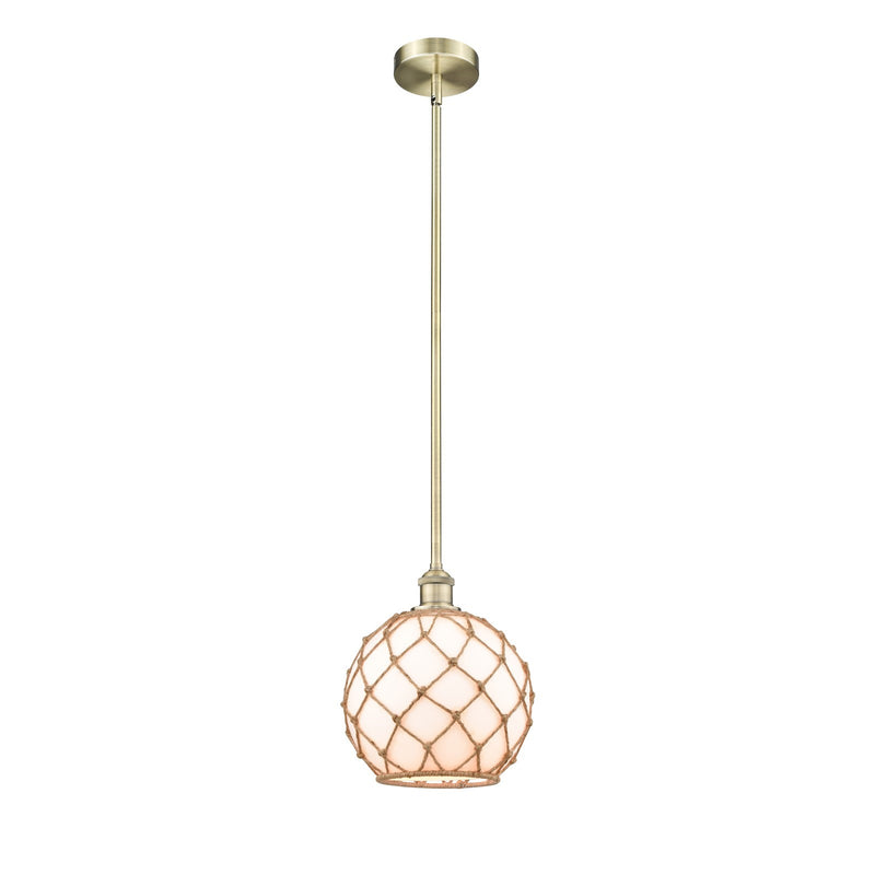 Innovations Farmhouse Rope 10in 1-Light Mini Pendant | Industrial Antique Brass Steel and Matte White Glass with Brown | Model 616-1S-AB-G121-10RB-LED