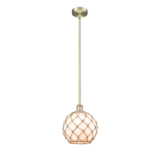 Innovations Farmhouse Rope 10in 1-Light Mini Pendant | Industrial Antique Brass Steel and Matte White Glass with Brown | Model 616-1S-AB-G121-10RB-LED