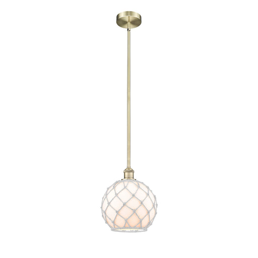 Innovations Farmhouse Rope 10in 1-Light Mini Pendant | Industrial Antique Brass Steel and White Glass with Rope | Kitchen | Model 616-1S-AB-G121-10RW