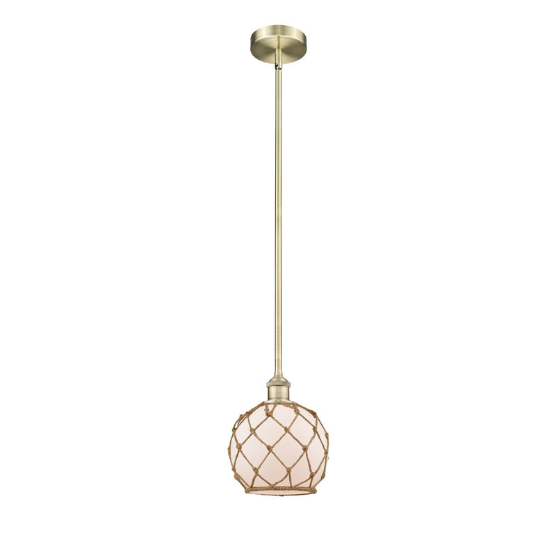Innovations Farmhouse Rope 8in 1-Light Mini Pendant | Industrial Antique Brass Steel and White Frosted Glass with Brown | Model 616-1S-AB-G121-8RB-LED