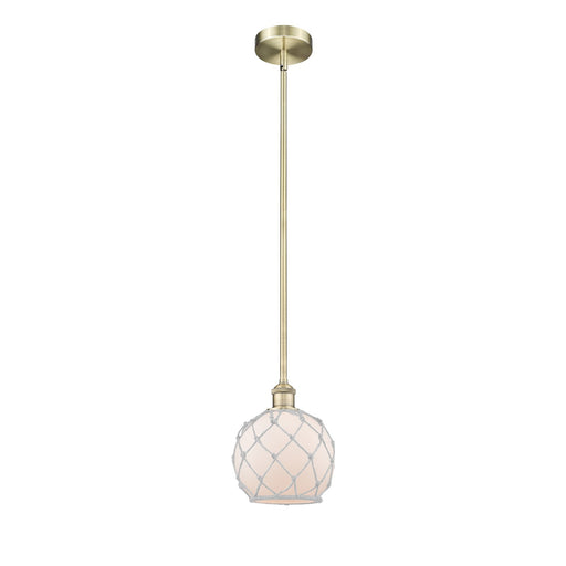 Innovations Farmhouse Rope 8in 1-Light Mini Pendant | Industrial Antique Brass Steel and White Frosted Glass with Rope | Model 616-1S-AB-G121-8RW