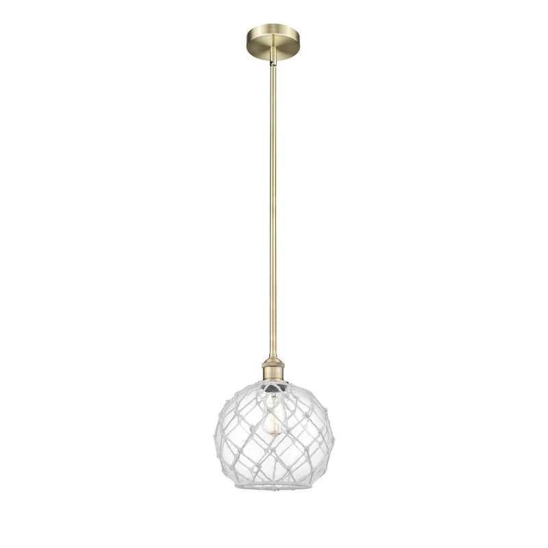 Innovations Farmhouse Rope 10in 1-Light Mini Pendant | Industrial Antique Brass Steel and Clear Glass with White Rope | Model 616-1S-AB-G122-10RW