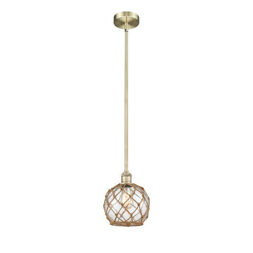 Innovations Farmhouse Rope 8in 1-Light Mini Pendant | Industrial Antique Brass Steel and Clear Glass with Brown Rope | Kitchen | Model 616-1S-AB-G122-8RB