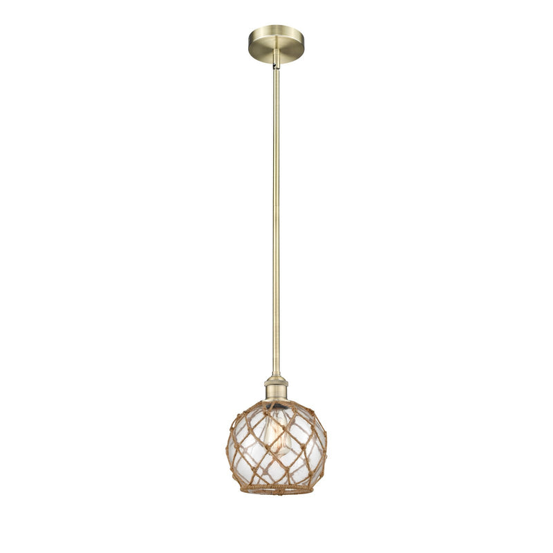 Innovations Farmhouse Rope 8in 1-Light Mini Pendant | Industrial Antique Brass Steel and Clear Glass with Brown Rope | Model 616-1S-AB-G122-8RB-LED