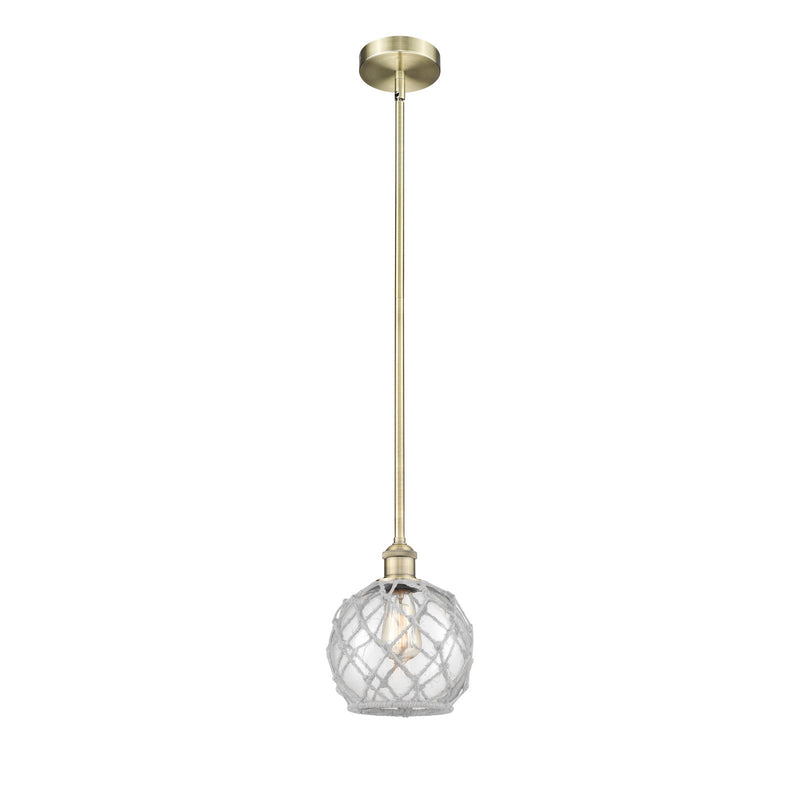 Innovations Farmhouse Rope 8in 1-Light Mini Pendant | Industrial Antique Brass Steel and Clear Glass with White Rope | Kitchen | Model 616-1S-AB-G122-8RW