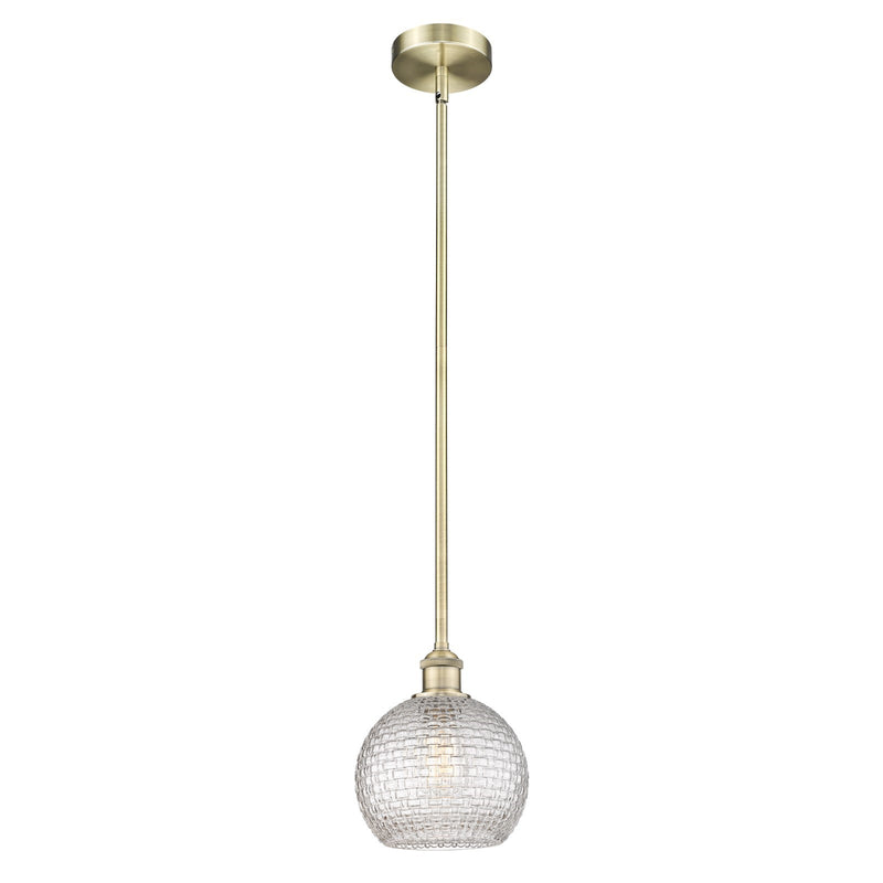 Innovations Athens 8in 1-Light Mini Pendant | Modern Farmhouse Antique Brass Steel and Clear Basket Weave Glass | Kitchen | Model 616-1S-AB-G122C-8CL