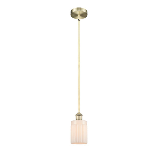 Innovations Hadley 4.5in 1-Light Mini Pendant | Art Nouveau Antique Brass Steel and Matte White Ribbed Glass | Kitchen Island & | Model 616-1S-AB-G341-LED