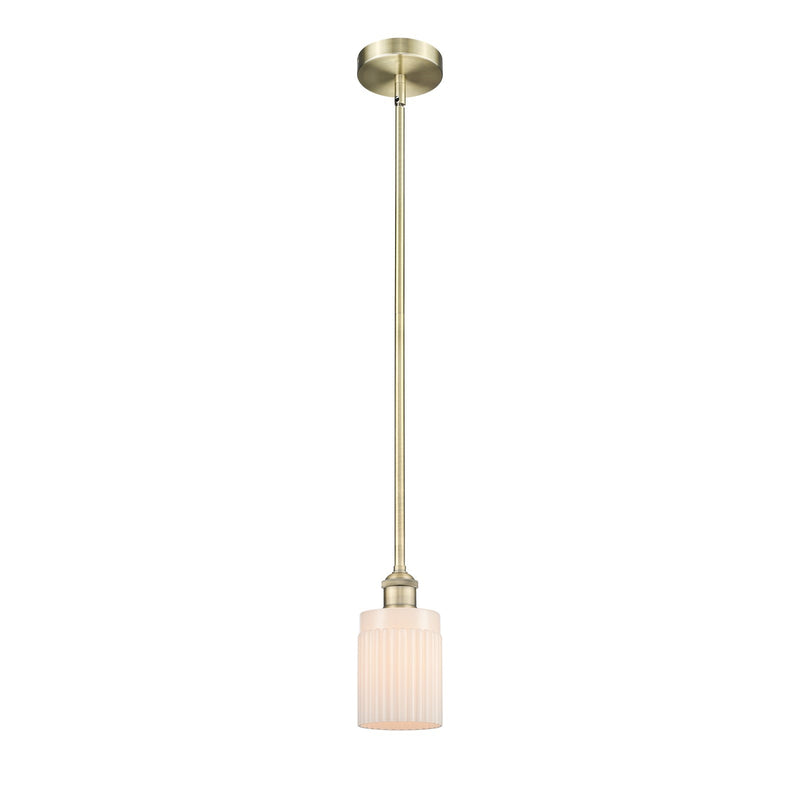 Innovations Hadley 4.5in 1-Light Mini Pendant | Art Nouveau Antique Brass Steel and Matte White Ribbed Glass | Kitchen Island & | Model 616-1S-AB-G341-LED