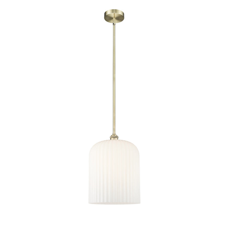 Innovations Bridal Veil 5in 1-Light Mini Pendant | Art Nouveau Antique Brass and Gloss White Ribbed Glass | Kitchen Island & | Model 616-1S-AB-G559-12GWH