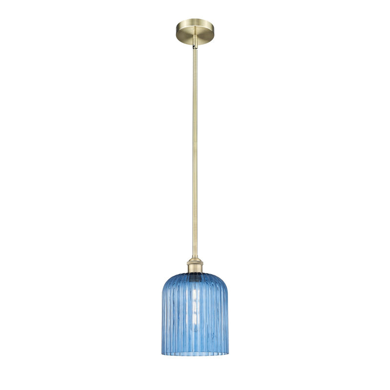 Innovations Bridal Veil 5in 1-Light Mini Pendant | Art Nouveau Antique Brass and Princess Blue Ribbed Glass | Kitchen Island & | Model 616-1S-AB-G559-8BL