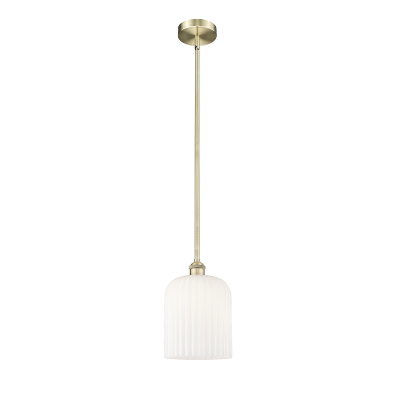 Innovations Bridal Veil 5in 1-Light Mini Pendant | Art Nouveau Antique Brass and Gloss White Ribbed Glass | Kitchen Island & | Model 616-1S-AB-G559-8GWH