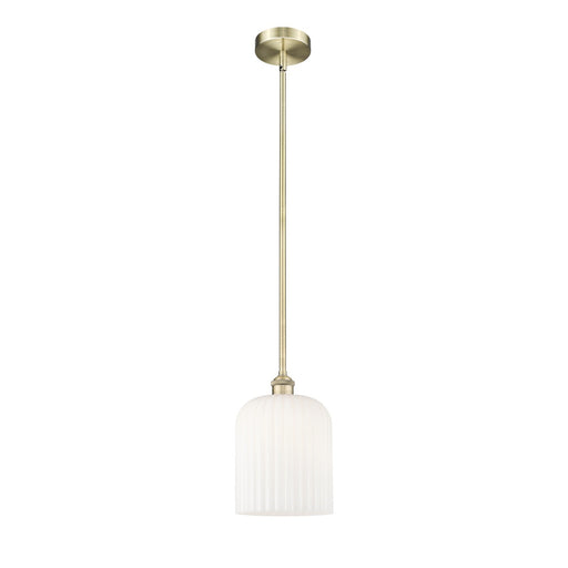 Innovations Bridal Veil 5in 1-Light Mini Pendant | Art Nouveau Antique Brass and Gloss White Ribbed Glass | Kitchen Island & | Model 616-1S-AB-G559-8GWH
