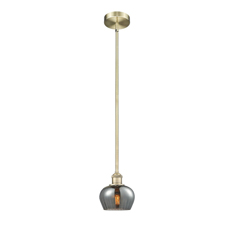 Innovations Lighting Fenton 1-Light Mini Pendant | Industrial Antique Brass Steel and Light Smoke Ribbed Glass | Kitchen Island & | Model 616-1S-AB-G93