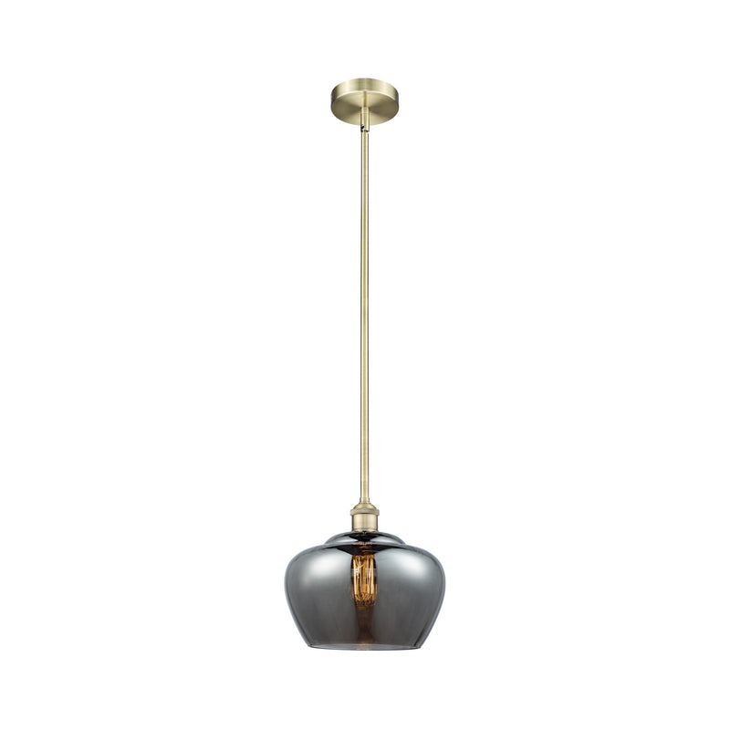 Innovations Fenton 11in 1-Light Mini Pendant | Industrial Antique Brass Steel and Light Smoke Ribbed Glass | Kitchen Island & | Model 616-1S-AB-G93-L