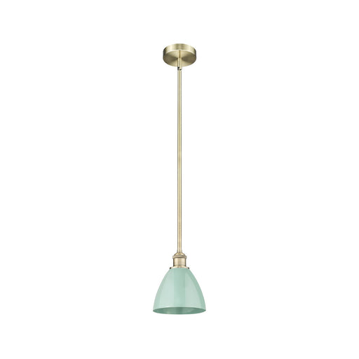 Innovations Plymouth 7.5in 1-Light Mini Pendant | Industrial Farmhouse Antique Brass and Matte Seafoam Metal Shade | Model 616-1S-AB-MBD-75-SF-LED