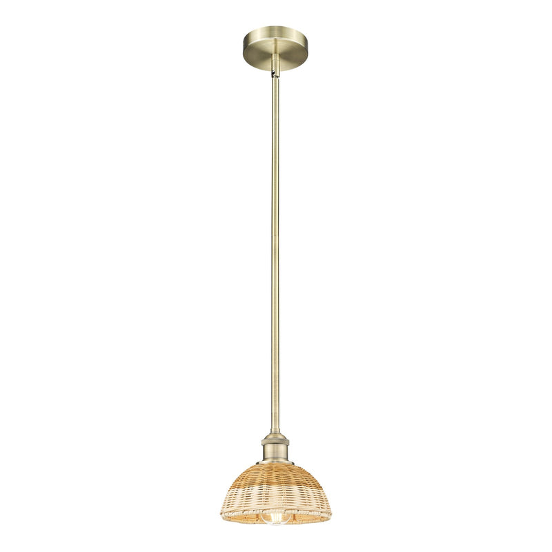 Innovations Lighting Bristol Natural II 7.5in 1-Light Mini Pendant | Industrial Antique Brass Steel and Natural Fiber Dome | Model 616-1S-AB-NBD2-75-NAT