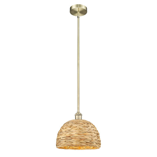 Innovations Woven Rattan 12in 1-Light Mini Pendant | Industrial Antique Brass Steel and Natural Fiber Dome Shade | Kitchen | Model 616-1S-AB-RBD-12-NAT