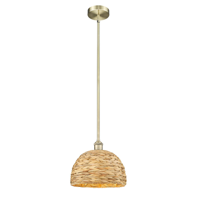 Innovations Woven Rattan 12in 1-Light Mini Pendant | Industrial Antique Brass Steel and Natural Fiber Dome Shade | Kitchen | Model 616-1S-AB-RBD-12-NAT