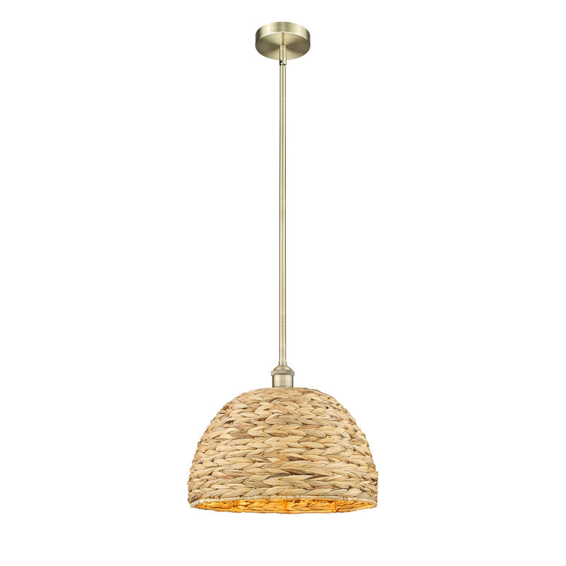 Innovations Woven Rattan 16in 1-Light Mini Pendant | Industrial Antique Brass and Natural Fiber Dome Shade | Kitchen Island & | Model 616-1S-AB-RBD-16-NAT
