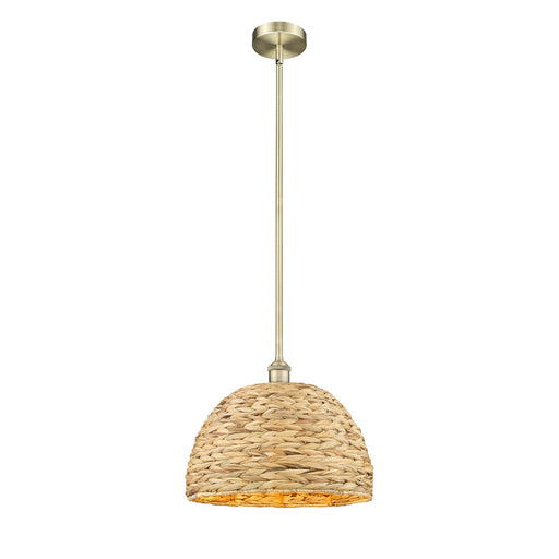 Innovations Woven Rattan 16in 1-Light Mini Pendant | Industrial Antique Brass and Natural Fiber Dome Shade | Kitchen Island & | Model 616-1S-AB-RBD-16-NAT