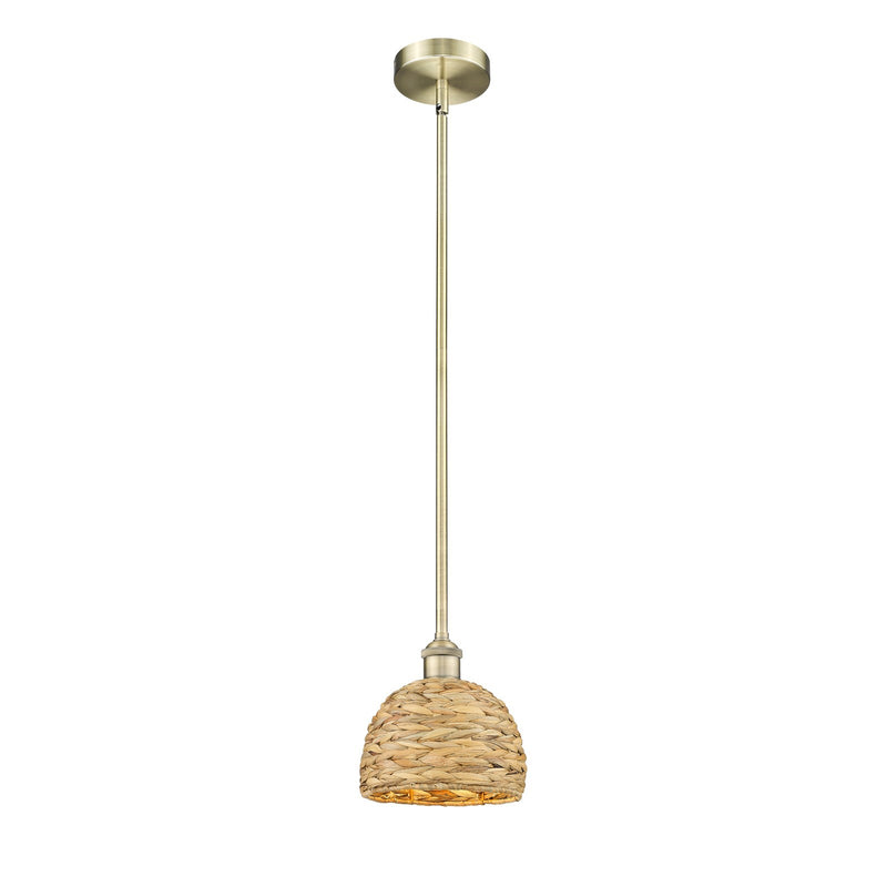 Innovations Woven Rattan 8in 1-Light Mini Pendant | Rustic Farmhouse Antique Brass and Natural Woven Rattan | Kitchen Island & | Model 616-1S-AB-RBD-8-NAT