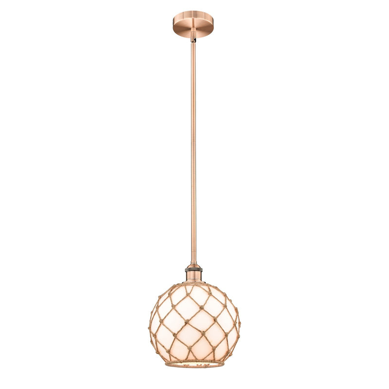 Innovations Farmhouse Rope 10in 1-Light Mini Pendant | Industrial Antique Copper Steel and White Glass with Brown Rope Shade | Model 616-1S-AC-G121-10RB