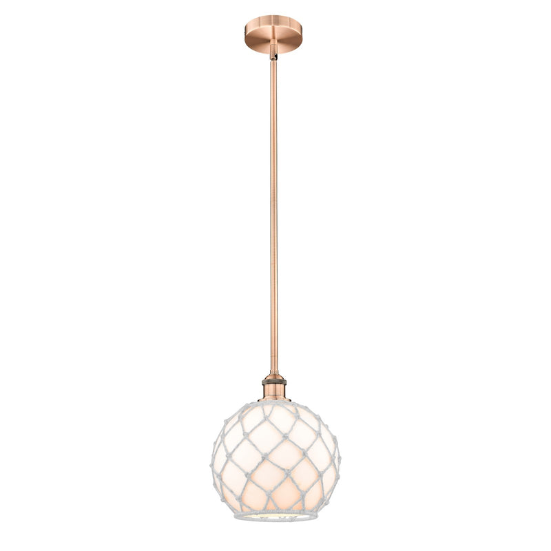Innovations Farmhouse Rope 10in 1-Light Mini Pendant | Industrial Antique Copper Steel and White Glass with Rope Shade | Model 616-1S-AC-G121-10RW