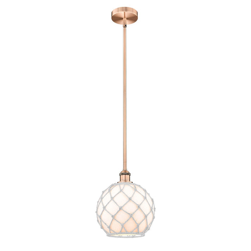 Innovations Farmhouse Rope 10in 1-Light Mini Pendant | Industrial Antique Copper Steel and White Glass with Rope Shade | Model 616-1S-AC-G121-10RW-LED