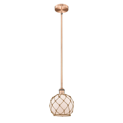 Innovations Farmhouse Rope 8in 1-Light Mini Pendant | Industrial Antique Copper Steel and White Frosted Glass with Brown | Model 616-1S-AC-G121-8RB-LED