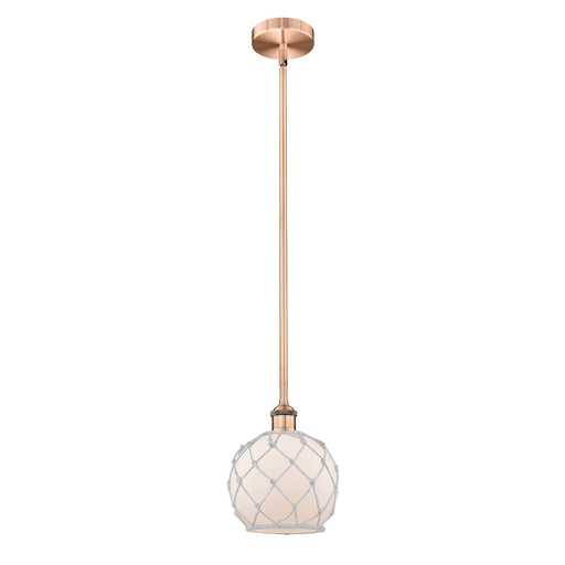 Innovations Farmhouse Rope 8in 1-Light Mini Pendant | Industrial Antique Copper Steel and White Frosted Glass with White Rope | Model 616-1S-AC-G121-8RW