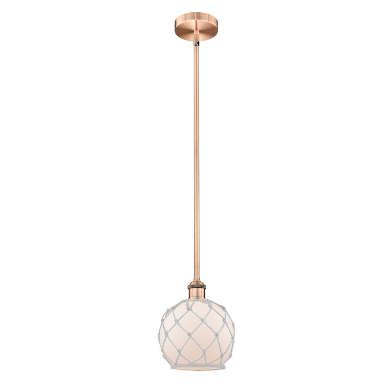 Innovations Farmhouse Rope 8in 1-Light Mini Pendant | Industrial Antique Copper Steel and White Frosted Glass with Rope | Model 616-1S-AC-G121-8RW-LED