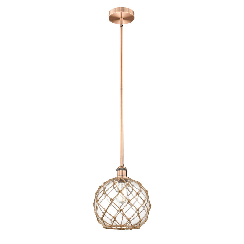 Innovations Farmhouse Rope 10in 1-Light Mini Pendant | Industrial Antique Copper Steel and Clear Glass with Brown Rope | Model 616-1S-AC-G122-10RB
