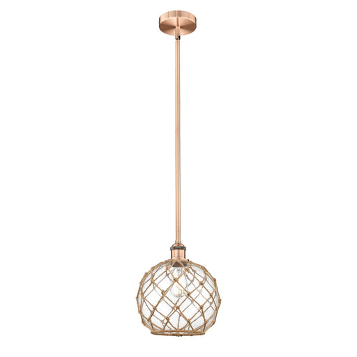 Innovations Farmhouse Rope 10in 1-Light Mini Pendant | Industrial Antique Copper Steel and Clear Glass with Brown Rope | Model 616-1S-AC-G122-10RB-LED