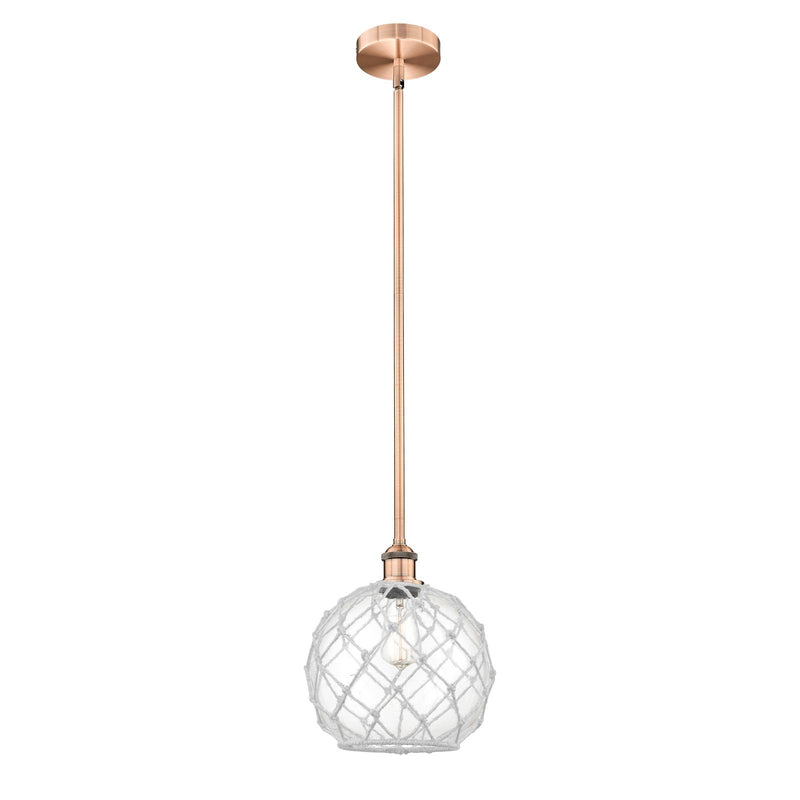 Innovations Farmhouse Rope 10in 1-Light Mini Pendant | Industrial Antique Copper Steel and Clear Glass with White Rope | Model 616-1S-AC-G122-10RW