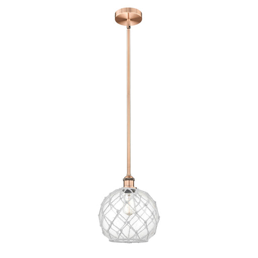 Innovations Farmhouse Rope 10in 1-Light Mini Pendant | Industrial Antique Copper Steel and Clear Glass with White Rope | Model 616-1S-AC-G122-10RW