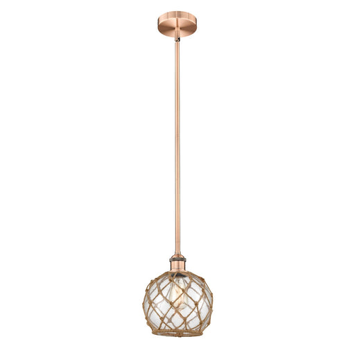 Innovations Farmhouse Rope 8in 1-Light Mini Pendant | Industrial Antique Copper Steel and Clear Glass with Brown Rope | Kitchen | Model 616-1S-AC-G122-8RB